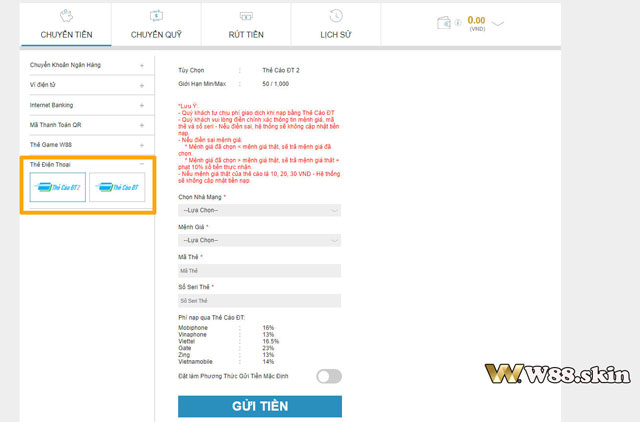 Gửi tiền W88 bảo mật với thẻ điện thoại 